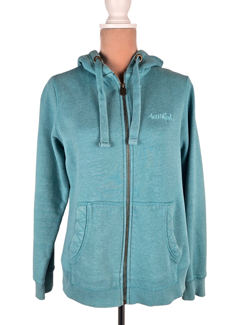 Weird Fish Full Zip Hoodie Washed Cotton Blend Embroidered Logo Teal UK 12 US 8